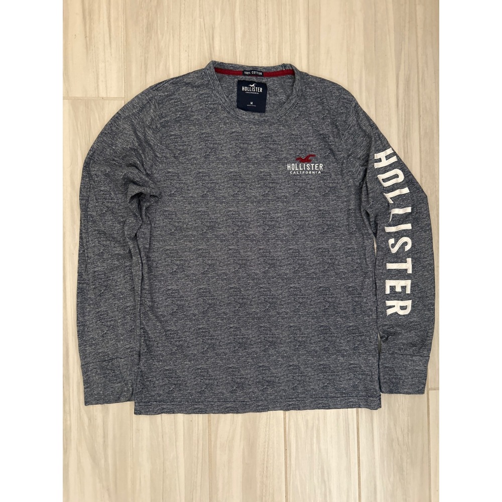 Hollister Mens Long Sleeve Graphic T-Shirt Navy Blue Heather Logo Size M